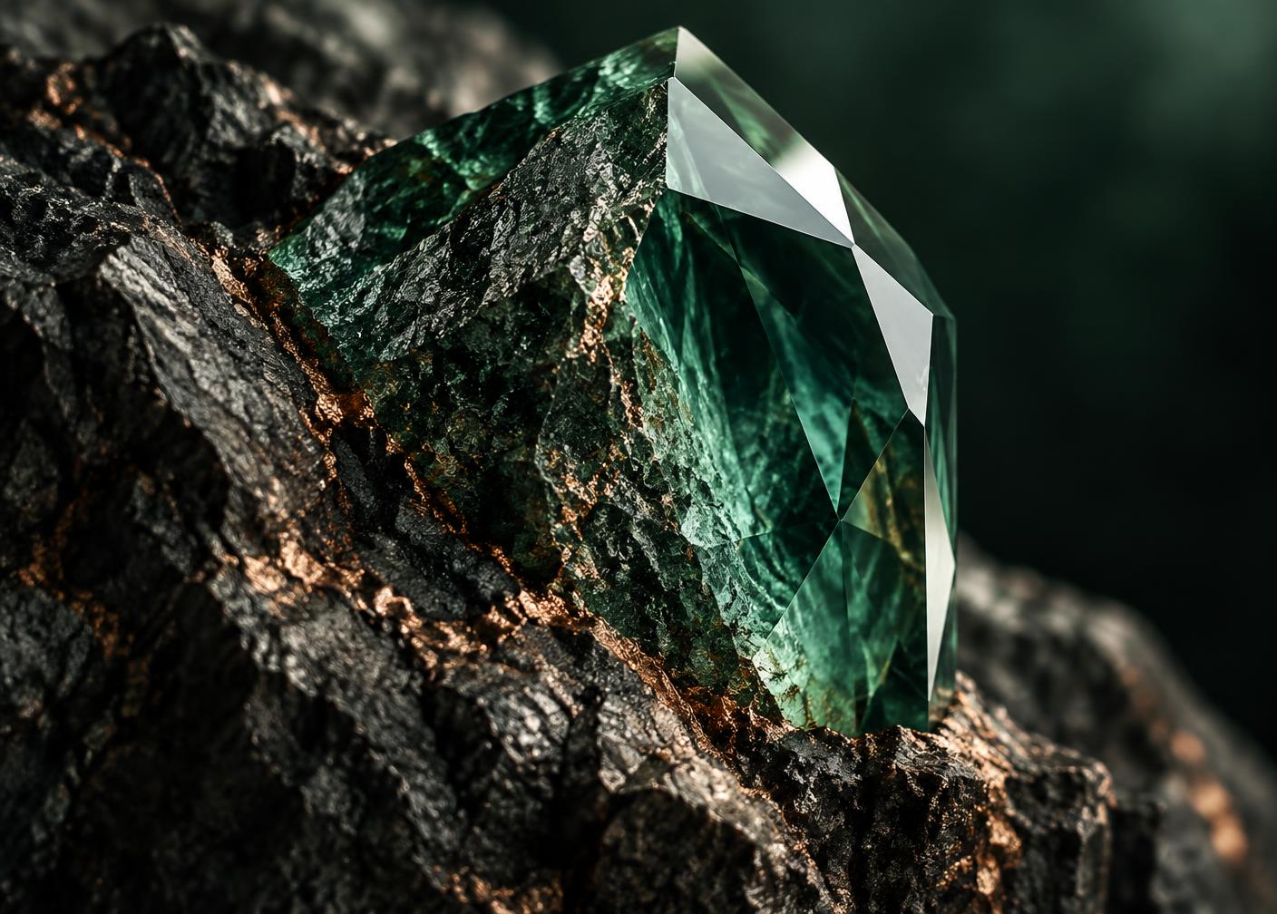 Mørk mineralstruktur med kobberfargede årer