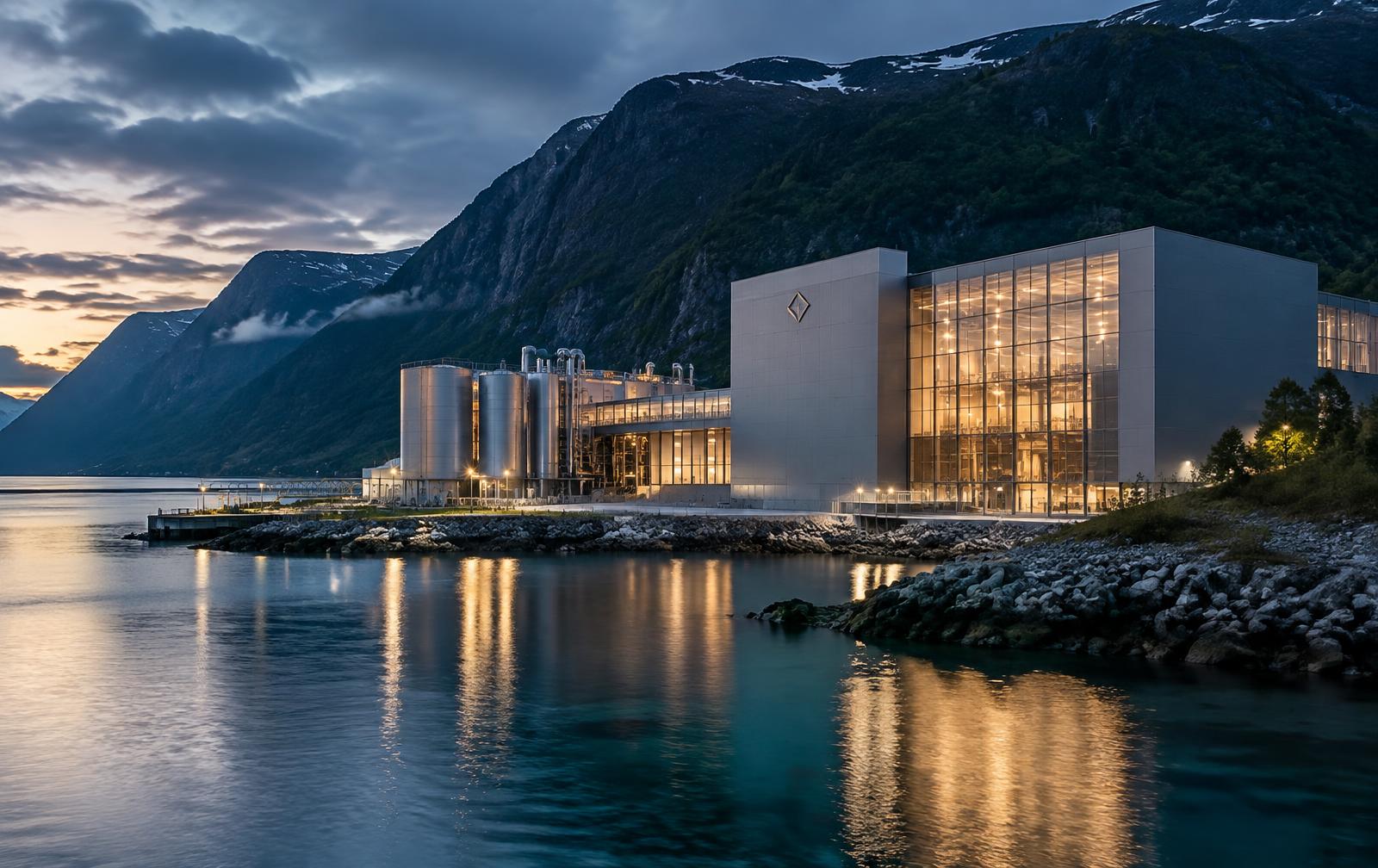 Industrielt teknologianlegg ved en norsk fjord